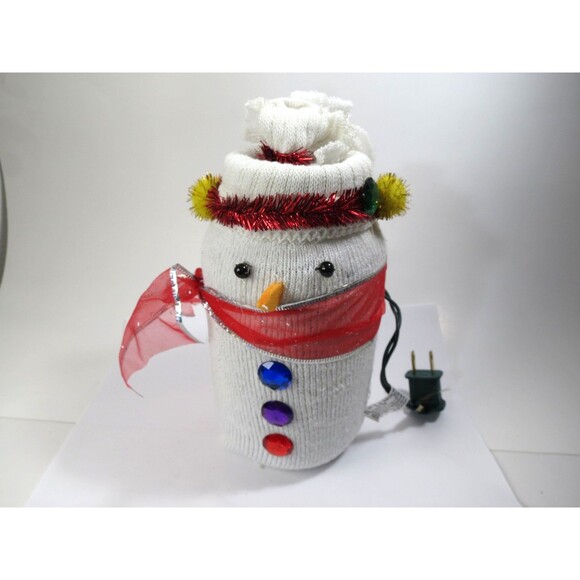 Handmade Sock over Jar Lighted Snowman w/ Red Ribbon Scarf Christmas Decor - Picture 1 of 5